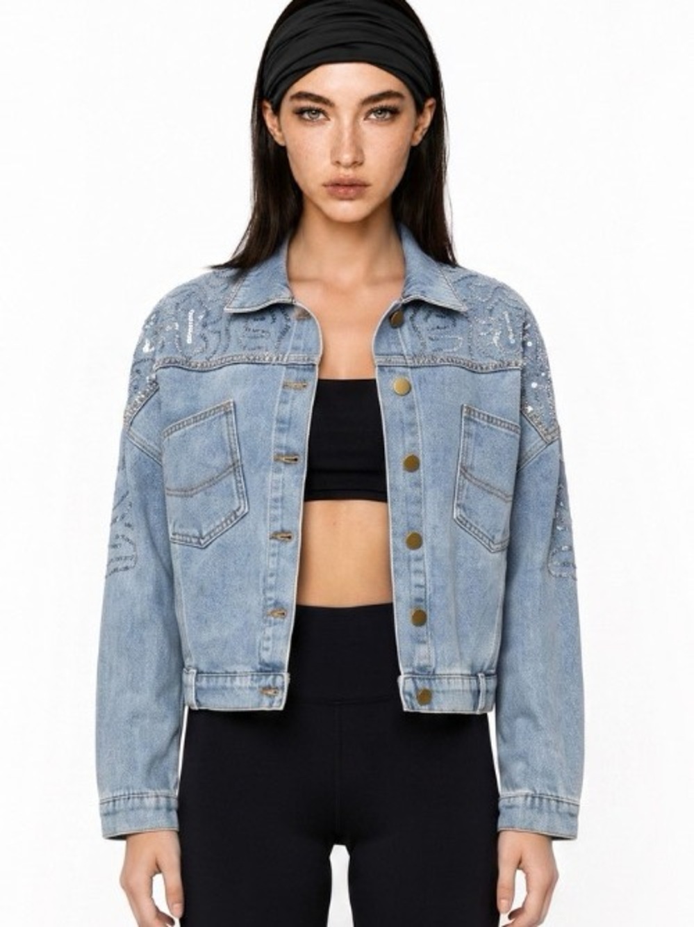 K12. Light Blue Denim Jacket with Embellished Shoulders